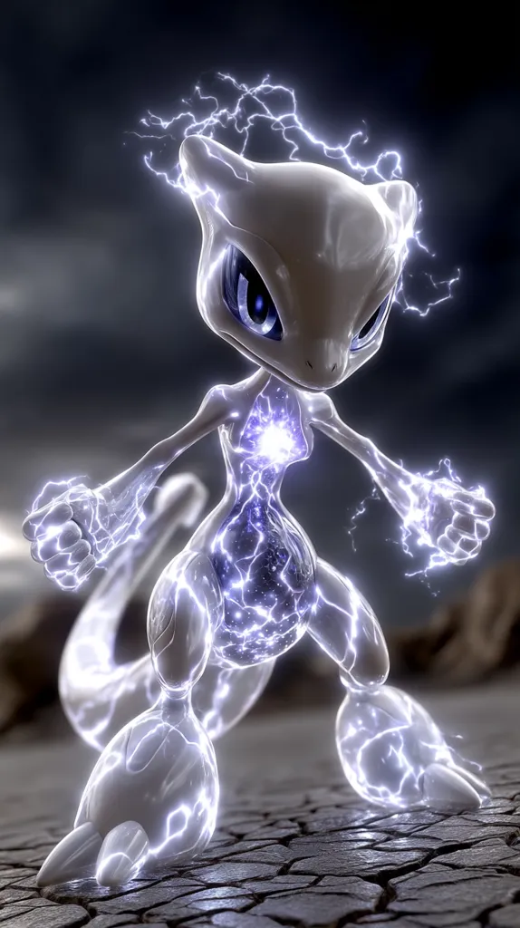 A digital rendering of Mewtwo, a Pokémon, is depicted.  Its body is translucent white, with streaks of blue energy flowing through it, emanating from its core.  The creature stands on cracked earth, its powerful pose conveying energy and might.  The dark background accentuates the luminous energy coursing through Mewtwo's form.  The overall effect is one of otherworldly power and ethereal beauty.