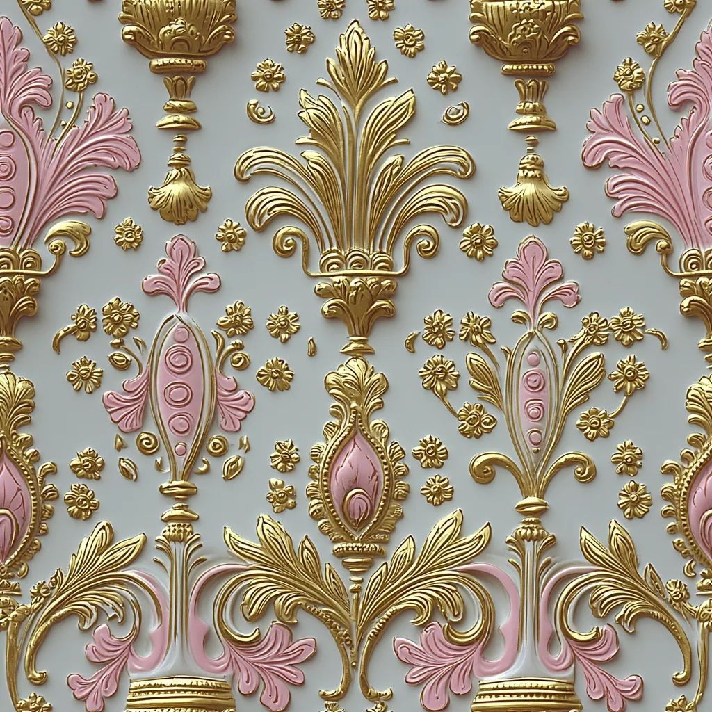 An ornate wallpaper design features a repeating pattern of gold and pale pink rococo-style motifs.  Intricate gold leaf-like elements intertwine with delicate pink floral accents against a light gray background.  The three-dimensional relief creates a textured, luxurious effect, reminiscent of classical ornamentation.  The overall design is symmetrical and balanced, creating a visually rich and elegant surface.