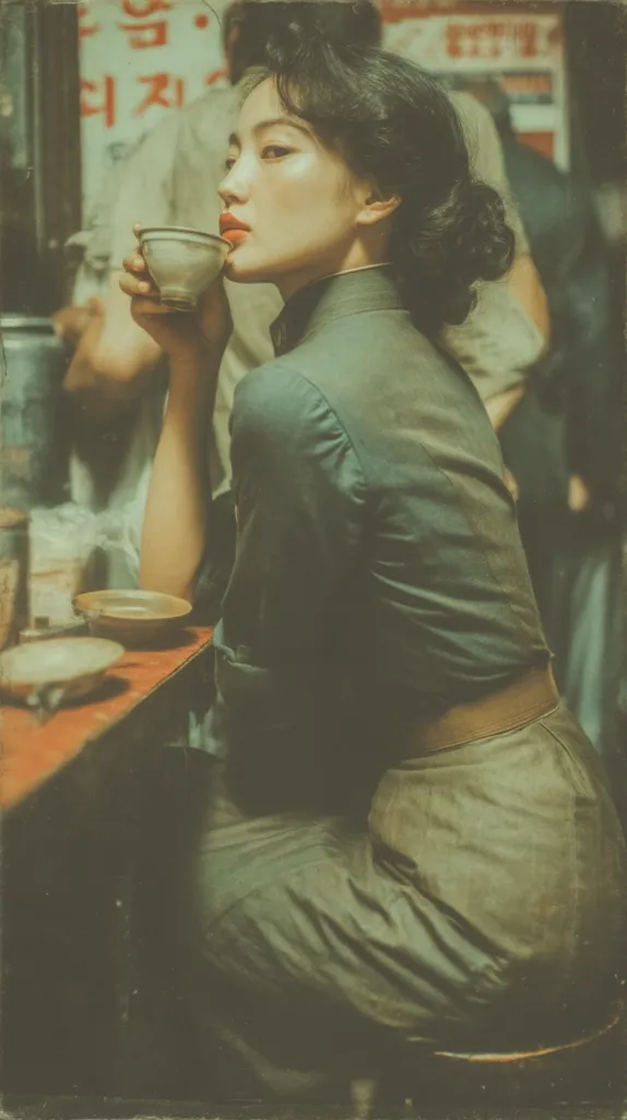 A young woman with dark hair styled in a bun sits at a counter in a dimly lit setting, sipping from a small, light-colored cup.  She's dressed in a muted green, collared shirt and a skirt, suggesting a vintage or period piece aesthetic.  The background is blurred but hints at a bustling, perhaps Asian, street scene with signage visible. The overall mood is contemplative and nostalgic.