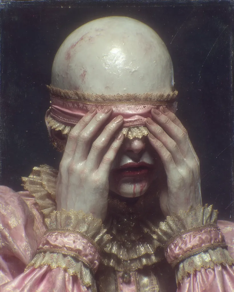 A bald figure, seemingly female, dons a pale pink, ornate dress.  Their hands, clasped over their eyes, conceal a delicate pink blindfold edged with gold lace.  A trickle of blood stains their chin. The overall aesthetic is one of macabre elegance, suggesting a dark, gothic or surreal theme.  The dark background contrasts sharply with the pale skin and pink clothing.