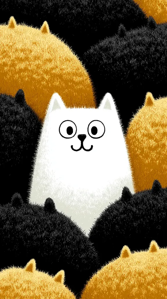 A cheerful white cat sits nestled amongst a crowd of fluffy black and golden cats. The white cat has large, expressive eyes and a simple, happy smile.  The surrounding cats are stylized, appearing as textured mounds of fur, creating a playful and visually engaging contrast. The image is a whimsical depiction of felines, possibly hinting at themes of individuality or standing out from the crowd.