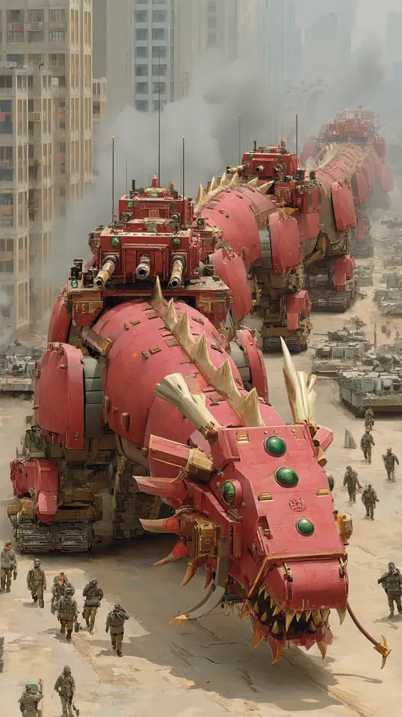 A colossal, red, dragon-shaped war machine, composed of multiple connected tanks, dominates a city street.  Soldiers in uniform are scattered in the foreground, dwarfed by the immense vehicle. Smoke rises from the machine, suggesting recent activity.  The scene is a blend of futuristic warfare and mythical imagery, set against a backdrop of tall city buildings.