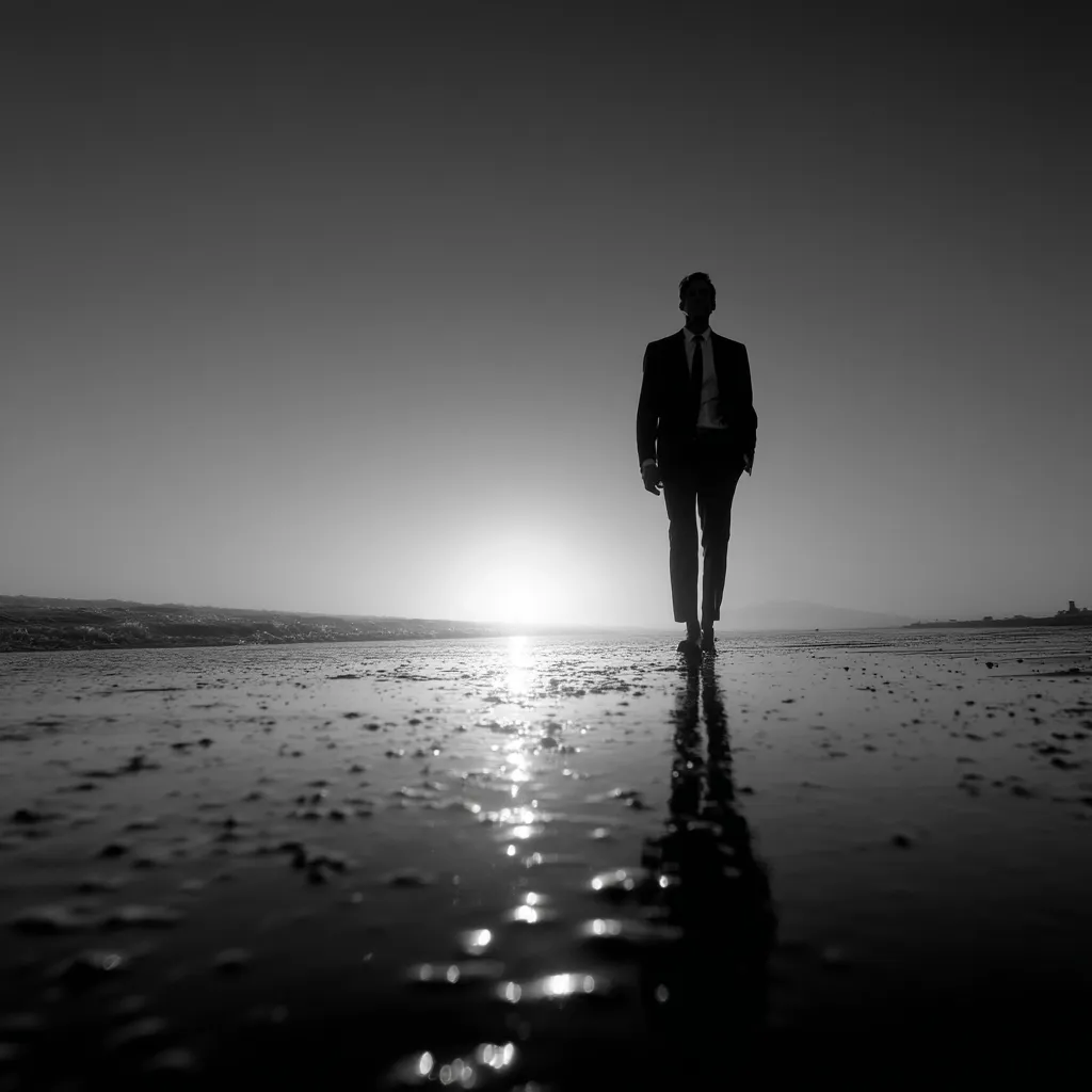 A silhouetted businessman walks towards the setting sun on a wet, dark beach.  The low angle shot emphasizes his solitary figure against the vast, empty horizon. His suit is crisp, his posture upright, suggesting purpose. The scene is monochromatic, enhancing the dramatic mood and sense of introspection.  The reflective surface of the beach mirrors his form, adding depth and symbolism.