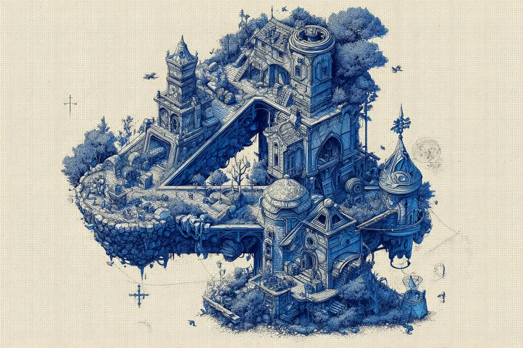 A meticulously detailed blue ink drawing depicts the number four as a fantastical, floating island city.  Intricate architecture, including clock towers, domes, and winding pathways, fills the number's form. Lush vegetation and tiny figures populate the scene, creating a surreal and captivating miniature world. The style is reminiscent of blueprint drawings, adding to its unique and intricate character.
