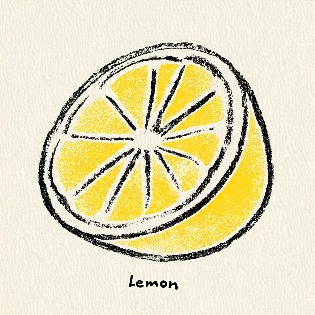 A stylized illustration of a lemon slice.  The image is rendered in a textured, crayon-like style with bold black outlines and a bright yellow fill. The lemon's segments are clearly defined, radiating from the center.  The word "Lemon" is written beneath the illustration in a simple, handwritten font. The background is a light beige.