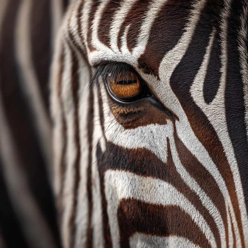 Close-up view of a zebra's eye and face.  The striking contrast of black and white stripes dominates the image, with the amber eye providing a warm focal point.  Long eyelashes are visible, and the texture of the zebra's fur is clearly shown. The depth of field is shallow, emphasizing the detail of the eye and surrounding stripes.