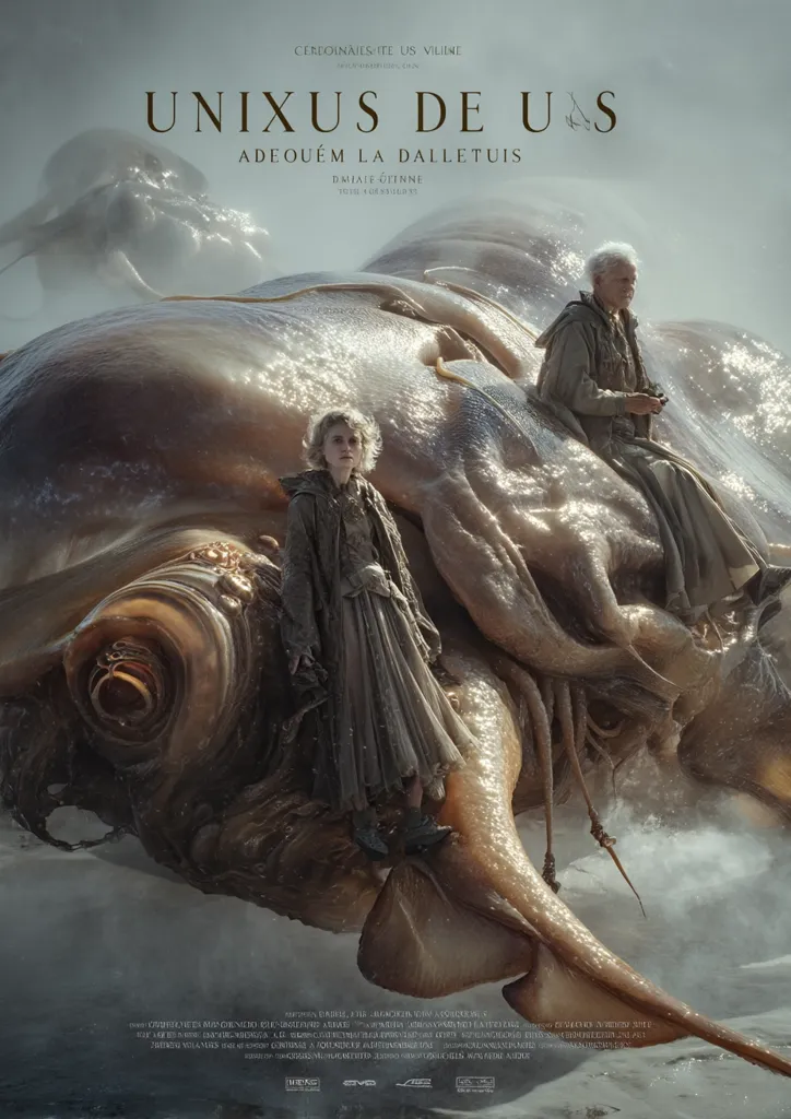 A movie poster for "UNIXUS DE US," featuring a colossal, pale creature resembling a giant squid or octopus. Two figures, a young girl and an older woman, sit atop the creature, appearing calm amidst the surreal scene.  The setting suggests a cold, watery environment.  The title and director's name are prominently displayed. The overall aesthetic is dark, mysterious, and fantastical.