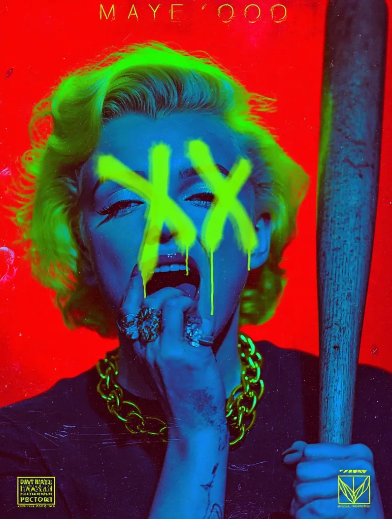 A vibrant, stylized image depicts a Marilyn Monroe-esque woman with bright green and blue tones.  Her face is marked with dripping yellow X's. She holds a baseball bat, wearing a chunky gold chain necklace. The background is a bold red, and the title "MAYE' OOD" is displayed at the top.  The overall aesthetic is edgy and provocative.