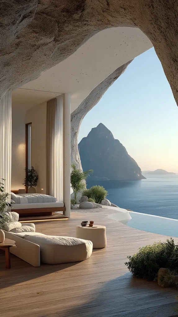 A minimalist bedroom suite is nestled within a cave, offering breathtaking panoramic views of a tranquil ocean and majestic mountain.  Large windows and sheer curtains frame the scene.  The wooden deck extends to an infinity pool, merging seamlessly with the horizon.  The interior is serene, featuring light-colored furniture and potted plants, creating a calming atmosphere.