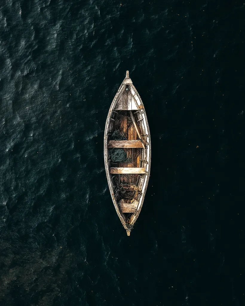 An overhead shot captures a weathered wooden rowboat adrift on dark, textured water.  The boat, narrow and elongated, appears empty except for some fishing net visible within.  The contrast between the aged wood and the deep water creates a stark, serene image.  The scene evokes a sense of quiet solitude and the passage of time.