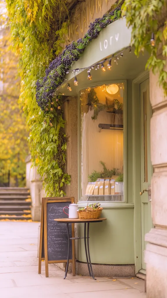 A charming green storefront, adorned with ivy and berry garlands, glows warmly.  A small, bistro-style table sits outside, displaying a menu board and a basket of goods.  String lights add to the cozy autumnal ambiance, creating a picturesque scene. The shop window showcases neatly arranged items, hinting at a delightful interior.