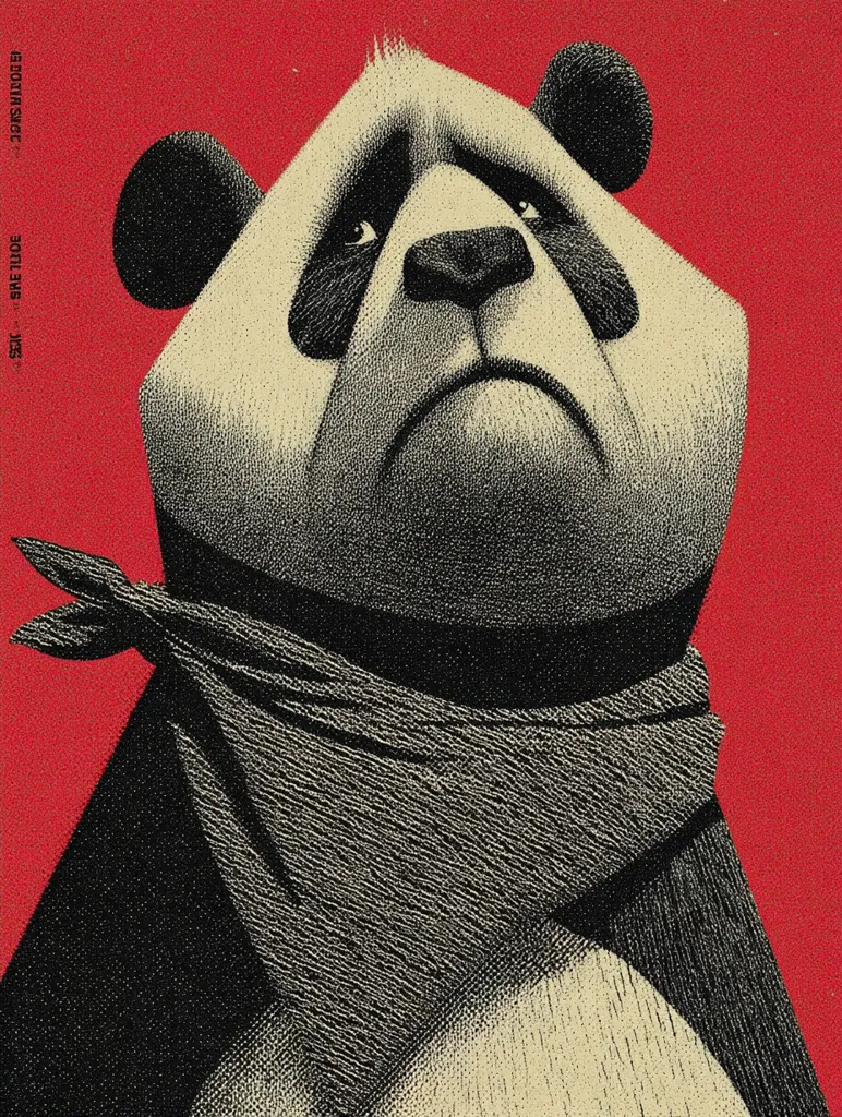 A stylized illustration of a giant panda, rendered in black and white pointillist style against a vibrant red background. The panda's expression is serious, almost melancholic, and it wears a dark-colored bandana around its neck. The image possesses a strong graphic quality, with the texture created by the stippling technique adding depth and visual interest.  The contrast between the panda's features and the background is striking.