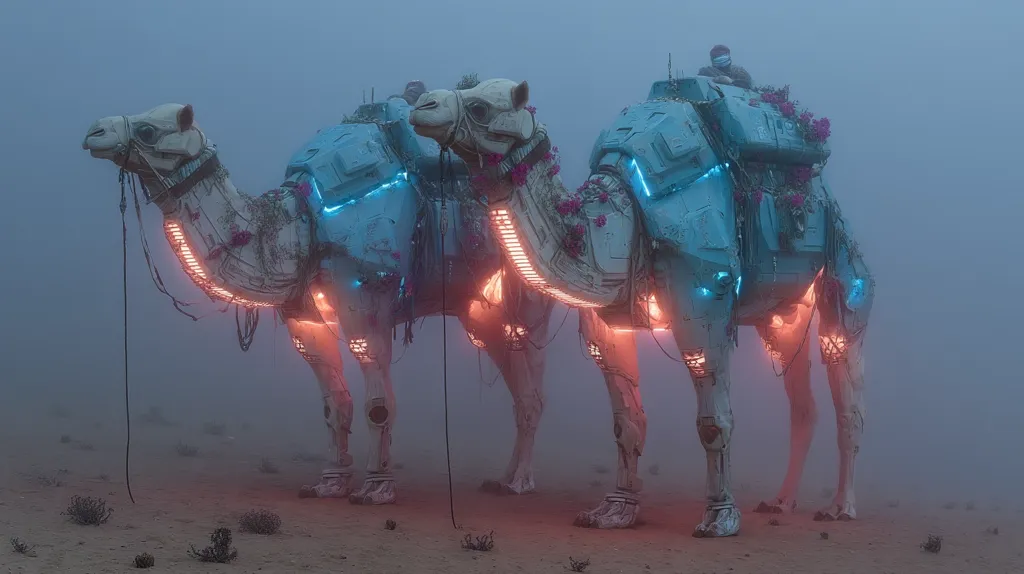Two futuristic camels, their bodies a blend of organic and mechanical elements, stand in a misty desert landscape.  Their frames are primarily white and light blue, accented by warm orange lights along their spines and legs.  Small, pink flowers adorn their backs.  A lone figure sits atop one camel, adding a sense of scale and mystery to the scene. The overall atmosphere is serene yet otherworldly.