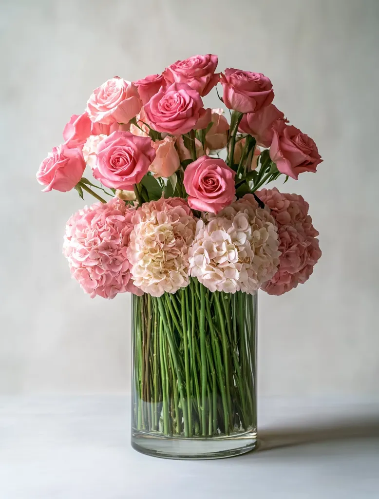A stunning floral arrangement in a clear glass cylinder vase.  The arrangement features a profusion of light pink roses and hydrangeas in varying shades of pink and white. The stems are long and densely packed, creating a lush, full look. The elegant simplicity of the vase allows the vibrant blooms to take center stage, creating a sophisticated and romantic ambiance.