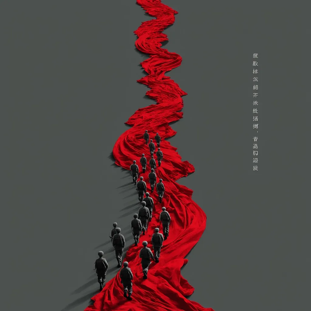 A long stream of soldiers marches along a winding path of vibrant red fabric against a muted grey background.  The soldiers are silhouetted, their dark uniforms contrasting sharply with the bright red. The image evokes a sense of patriotism and perhaps a journey or a mission. The vertical Chinese characters on the right add to the artistic and thematic complexity.