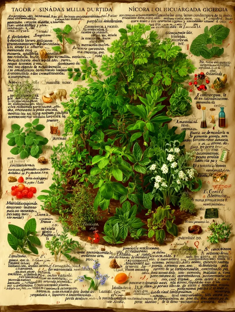 A botanical illustration, reminiscent of an antique herbal, showcases various plants.  Accompanying text, in a stylized old script, likely details the plants' names and uses.  The artwork is rich with detail, displaying lush greenery and vibrant colors, suggesting a historical record of medicinal plants.  The overall aesthetic evokes a sense of age and scholarly study, potentially from a medieval or Renaissance era text.