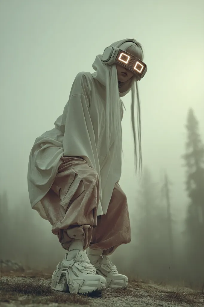 A futuristic female figure, clad in a white hooded top and loose, blush-toned pants, crouches on a misty hillside.  She wears striking white chunky sneakers and a white headband featuring illuminated orange squares, resembling a digital display.  Her long, white hair cascades down her back, adding to the ethereal, otherworldly ambiance of the scene. The background is a muted, foggy forest.