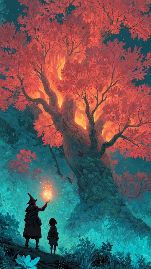 A digital painting depicts a mystical scene. A wizard, cloaked and holding a glowing orb, stands before a massive, fiery-red tree with a young apprentice.  The tree dominates the composition, its branches reaching towards a dark teal sky.  Surrounding vegetation is a vibrant teal, creating a contrast with the warm tones of the tree and the wizard's attire. The overall mood is one of fantasy and wonder.