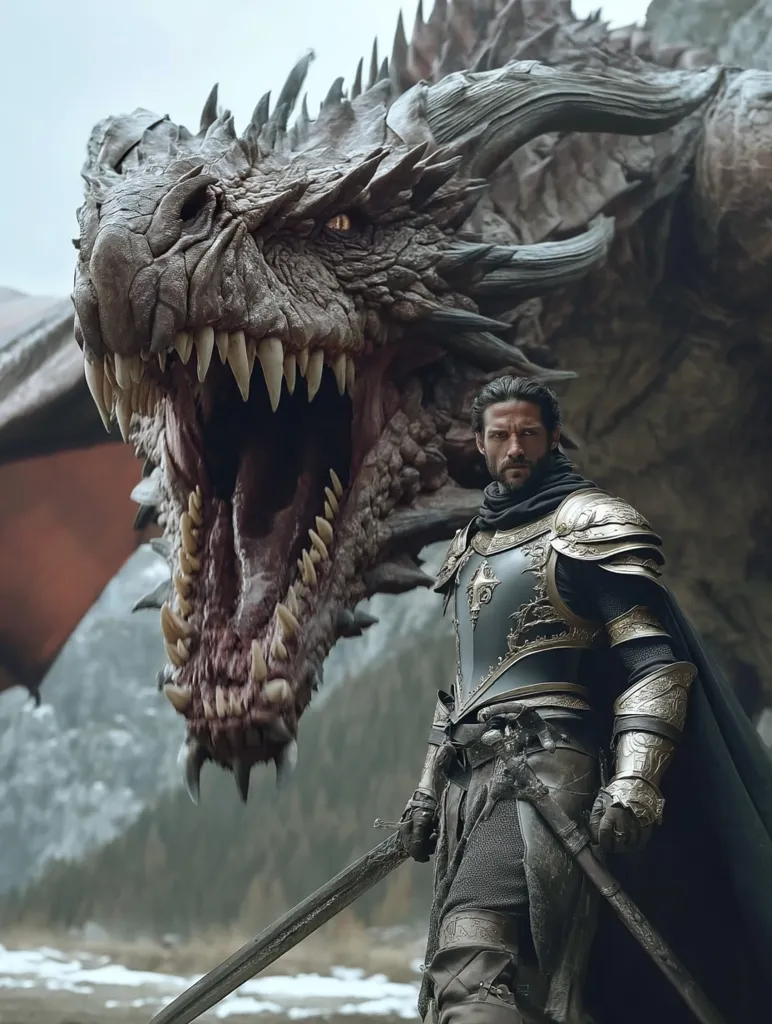 A knight in ornate, dark armor stands defiantly before a massive, snarling dragon. The dragon's head fills much of the frame, its scales textured and teeth bared. The knight grips a long sword, his gaze unwavering. The scene is set against a bleak, rocky landscape, hinting at a dramatic confrontation.  The overall mood is one of epic fantasy, power, and impending conflict.