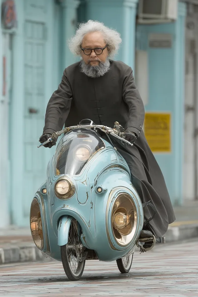 An elderly man with long gray hair and a beard, wearing a dark long-sleeved collared shirt, sits on a uniquely designed, light-blue, single-seater motorcycle. The motorcycle features a rounded, enclosed body with prominent circular headlights and a vintage aesthetic. The scene is set against a backdrop of a light-blue building, suggesting a tranquil urban setting. The overall image portrays a whimsical and slightly anachronistic style.