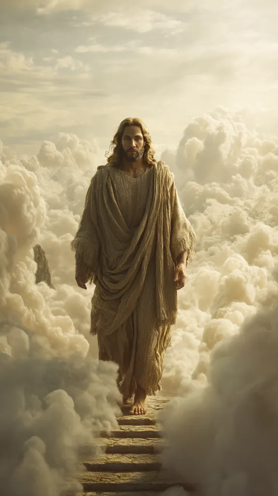 A depiction of Jesus Christ ascending a stone staircase amidst clouds.  He wears a long, flowing robe and his expression is serene. The image is bathed in soft, ethereal light, creating a heavenly atmosphere.  The clouds are voluminous and textured, suggesting a celestial realm.  The overall tone evokes a sense of peace and divine ascension.