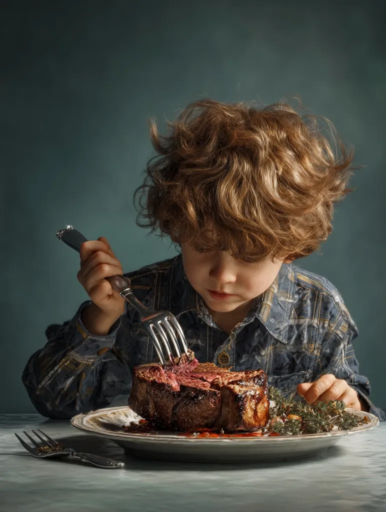 A young boy with curly brown hair sits at a table, intently focused on a large, perfectly cooked steak on a plate in front of him. He holds a fork, poised to take a bite. The scene is dramatically lit, emphasizing the richness of the meat and the child's fascination with his meal.  The background is a muted teal, enhancing the contrast.