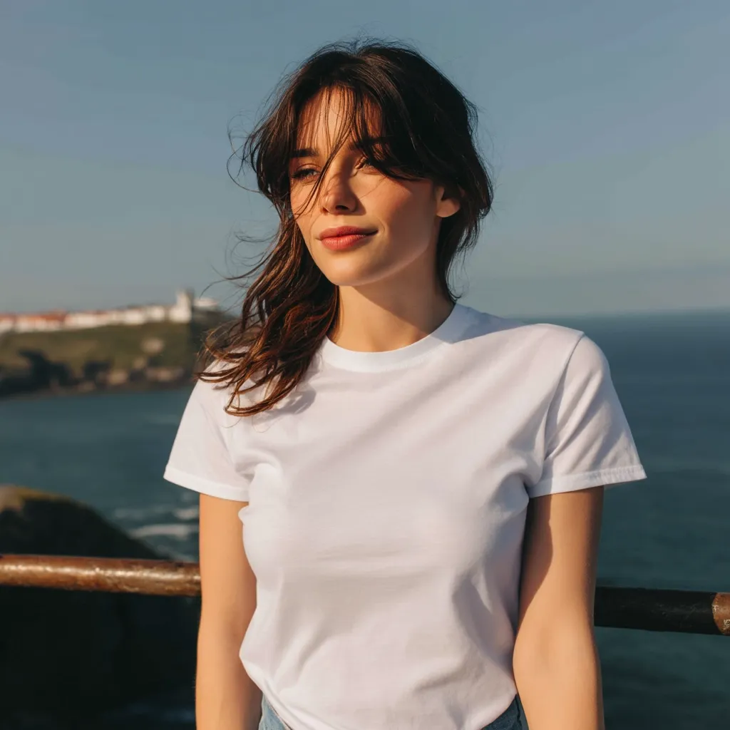 A young woman with long brown hair, partially covering her eyes with bangs, stands against a coastal backdrop.  She wears a plain white t-shirt, and the sunlight illuminates her face and shoulders. The ocean and a distant coastline are visible in the background, creating a serene and peaceful atmosphere.  Her expression is calm and contemplative.