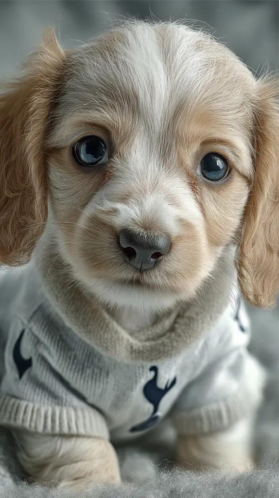 An adorable long-haired cream and white puppy, possibly a Cavachon or similar breed, gazes intently at the camera.  Its large, dark eyes are captivating.  The puppy is dressed in a cozy, light grey sweater with a subtle emblem.  The soft fur and innocent expression create a heartwarming image.
