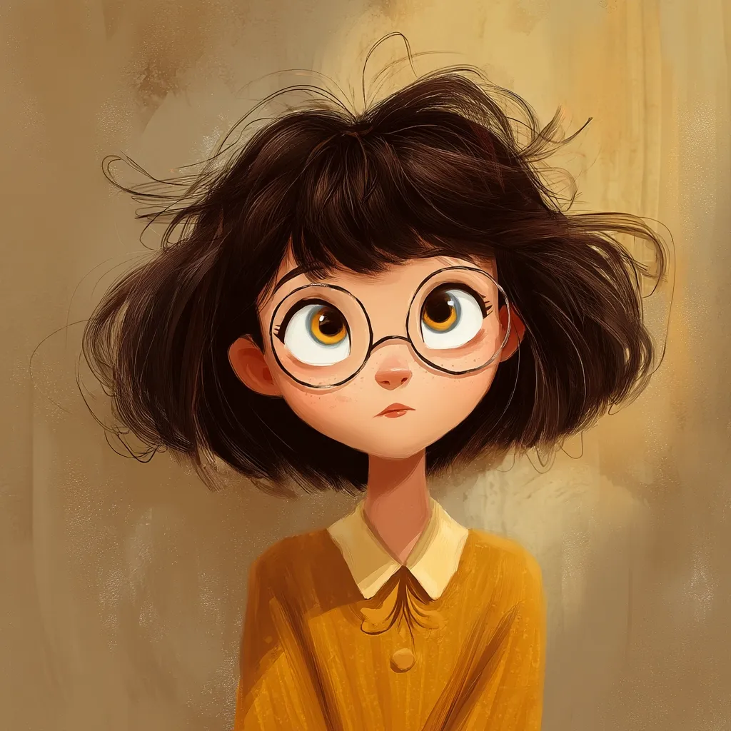 A digital illustration of a young girl with large, expressive eyes behind round glasses. Her dark brown, slightly messy bob frames her face. She wears a mustard-yellow collared shirt and has a pensive expression, gazing slightly upward. The style is whimsical and charming, with soft brushstrokes creating a warm, inviting tone. The background is a muted, earthy brown.