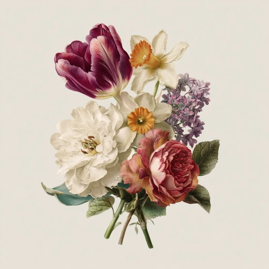A vibrant bouquet of flowers, meticulously rendered in a vintage style.  A deep maroon tulip anchors one side, complemented by delicate white peonies, sunny daffodils, and a rich crimson rose.  Sprays of lilac add a touch of purple, creating a harmonious and luxurious floral arrangement.  The painting style evokes a classic botanical illustration.