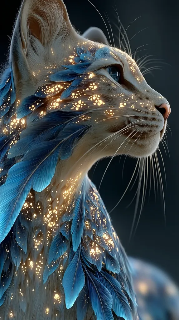 A digitally created image showcases a cat adorned with luminous blue feathers.  The feathers, interspersed with golden sparkles, seem to grow from the cat's fur, creating a magical, ethereal effect. The cat's profile is presented against a dark background, highlighting its soft fur and piercing blue eye. The overall impression is one of fantasy and delicate beauty.