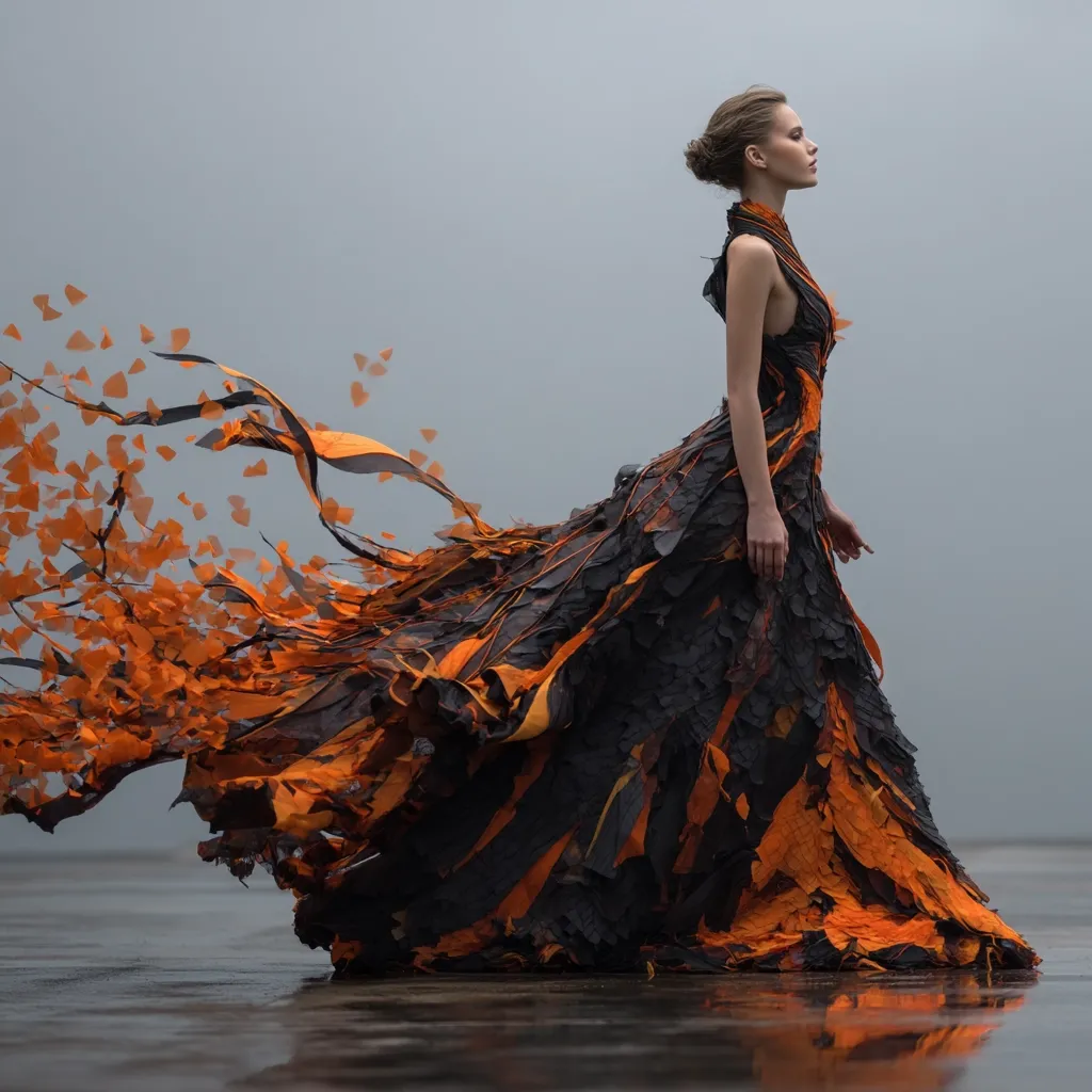 A woman in a dramatic, avant-garde gown stands on a reflective surface. The dress, predominantly black and orange, resembles flowing flames or lava, with textured fabric creating a sense of movement.  Orange pieces appear to detach and float around her, enhancing the fiery aesthetic.  Her pose and the dress's design project a powerful, ethereal image.