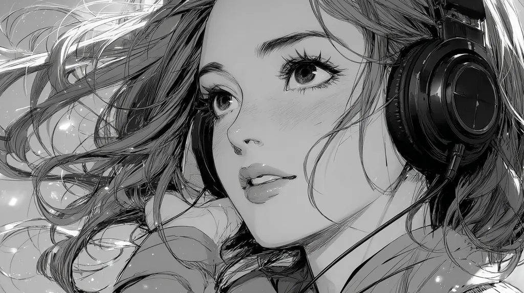 A grayscale illustration showcases a young woman, her long hair flowing freely, lost in her music.  Large, expressive eyes and a gentle expression are framed by headphones.  The style is reminiscent of anime, with detailed hair and soft shading creating a dreamy atmosphere.  The overall mood is serene and contemplative.