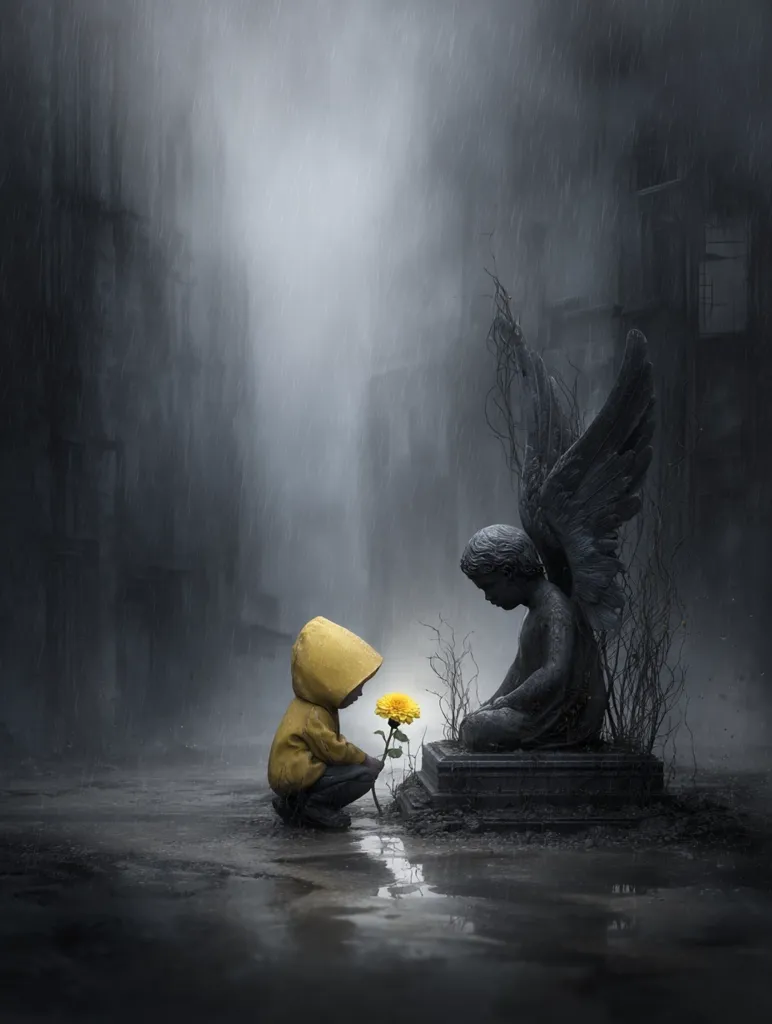 A poignant digital artwork depicts a child in a yellow raincoat offering a single yellow flower to a stone angel statue.  The scene is set in a desolate, rain-soaked urban landscape, marked by ruins and a somber atmosphere. The contrast between the vibrant flower and the grey, decaying environment emphasizes themes of loss, remembrance, and innocence. The child's small figure against the imposing statue creates a powerful visual narrative.