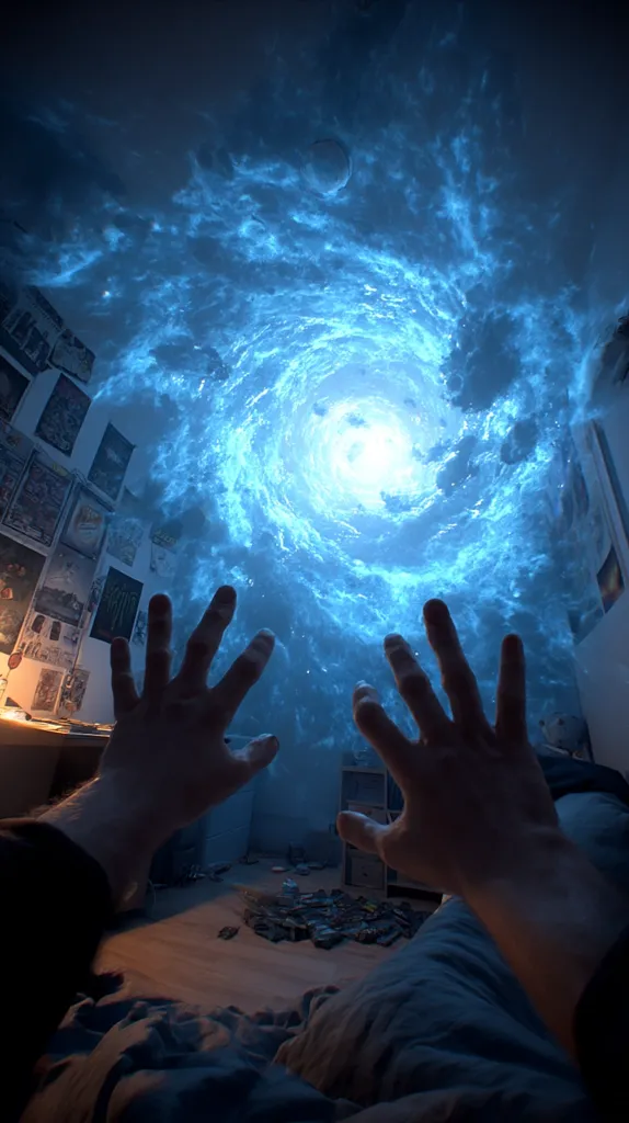 A person lies in bed, their hands reaching towards a swirling, luminous blue vortex filling their bedroom ceiling.  The vortex appears otherworldly, like a portal or gateway. The room is dimly lit, cluttered with personal items, creating a contrast between the mundane setting and the fantastical event unfolding above. The scene is surreal and evokes a sense of wonder and perhaps, the unknown.