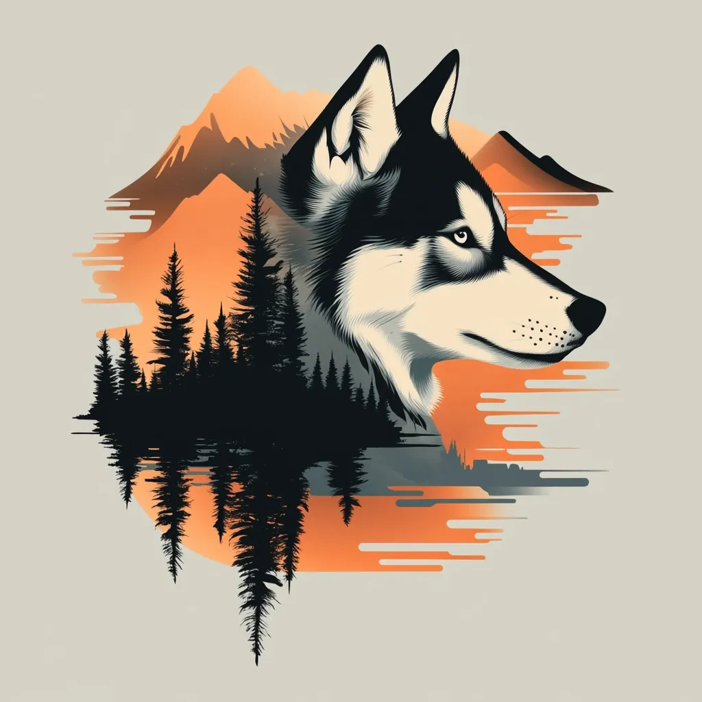 A stylized illustration features a husky's profile against a backdrop of a sunset over a mountain range and coniferous forest.  The wolf's fur is detailed, contrasting with the silhouetted trees and mountains rendered in orange and black tones.  The image creates a serene yet powerful mood, evoking a sense of wildness and tranquility.  A reflective water effect mirrors the forest below.