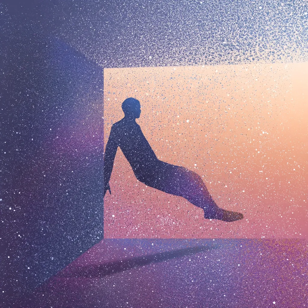 A stylized silhouette of a person sits in a corner, legs outstretched.  The background is a dreamy blend of purple and orange, speckled like a night sky. The figure appears weightless, almost translucent, suggesting a state of contemplation or introspection within a surreal, cosmic space.  The overall mood is serene and mysterious.