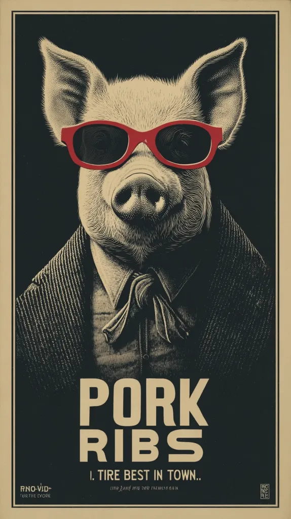 A stylish poster features a pig wearing red sunglasses and a suit.  The pig's sophisticated attire contrasts humorously with its animal nature.  The text proclaims "Pork Ribs. I. Tire Best in Town...", suggesting a restaurant or food advertisement. The overall aesthetic is vintage and slightly whimsical.