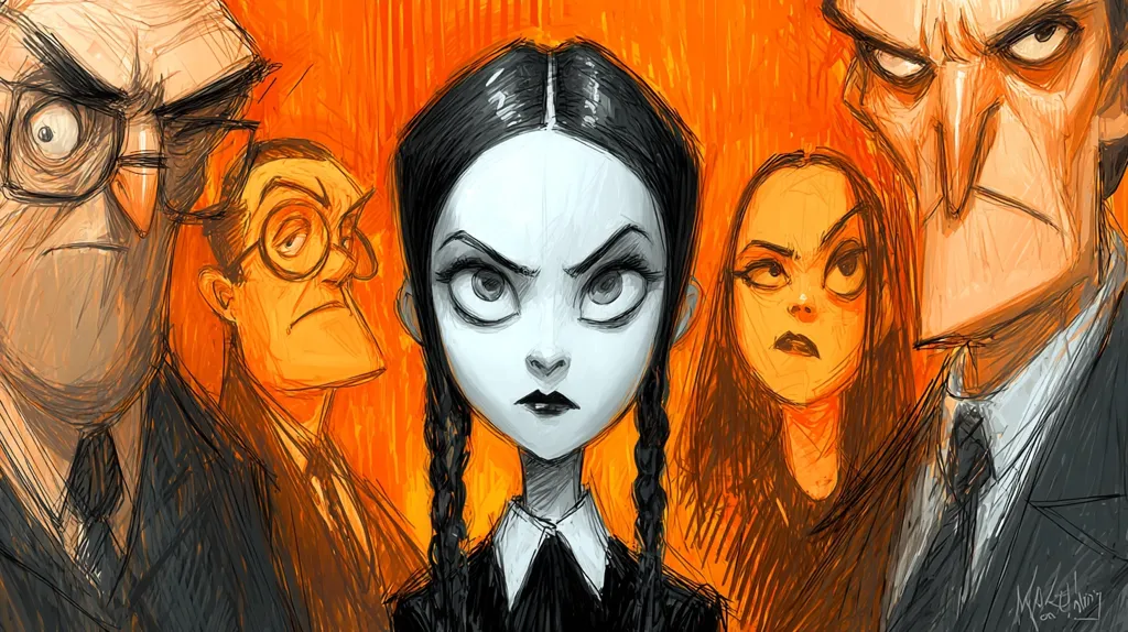 A stylized illustration depicts Wednesday Addams at the center, flanked by her family members and other stern figures.  Wednesday's signature dark attire and braids contrast with the warm, fiery orange background. The adults, with exaggerated features, exhibit serious expressions.  The overall style is expressive and slightly caricatured, suggesting a darkly humorous tone.