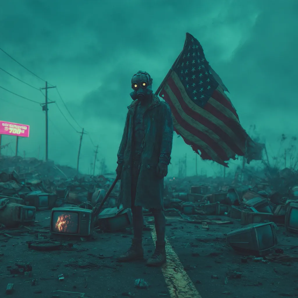 A lone figure in a gas mask and tattered coat stands amidst a desolate, post-apocalyptic landscape.  A tattered American flag is held aloft, contrasting with the surrounding debris of broken televisions and a ruined cityscape under a teal, stormy sky. The scene evokes a sense of loss and survival in a world ravaged by disaster.