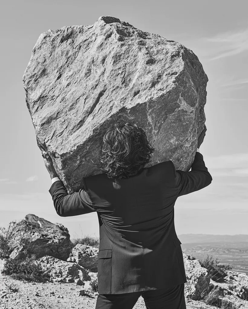 A man in a suit, viewed from behind, carries a large boulder on his shoulders.  The scene is stark, black and white, with a rocky landscape under a bright sky. The image evokes a sense of burden, struggle, or perseverance against overwhelming odds.  The man's determination is palpable despite his obscured face.