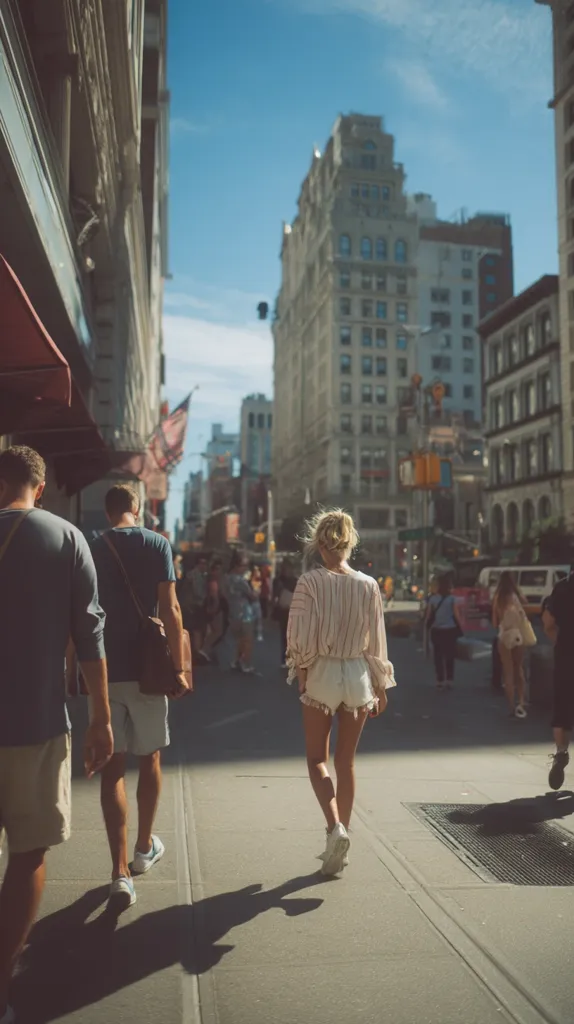 A young woman strolls down a sun-drenched New York City street, wearing white denim shorts and a light-colored blouse. Two men walk ahead of her, their shadows stretching long on the pavement. Tall buildings line the street, casting shadows and creating a vibrant urban atmosphere. The scene captures a typical summer day in the city, with pedestrians moving about.  The overall mood is one of relaxed city life.