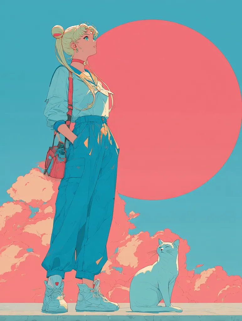 A stylized anime girl, reminiscent of Sailor Moon, stands against a large, salmon-colored sun. She wears loose teal pants, a light blue shirt, and white sneakers.  A small, light blue cat sits calmly at her feet. The background features pastel pink and blue clouds, creating a dreamy atmosphere. The overall style is soft and slightly nostalgic.