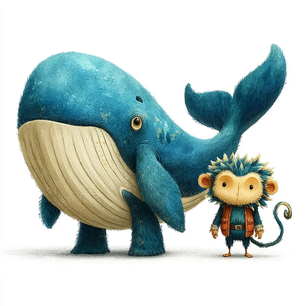A whimsical illustration features a large, furry blue whale standing beside a small, spiky-haired monkey. The monkey wears a brown vest and stands upright, resembling a miniature explorer. The whale is depicted with a friendly expression, creating a charming contrast in size and species.  The image style is playful and imaginative, suitable for children's books or illustrations.
