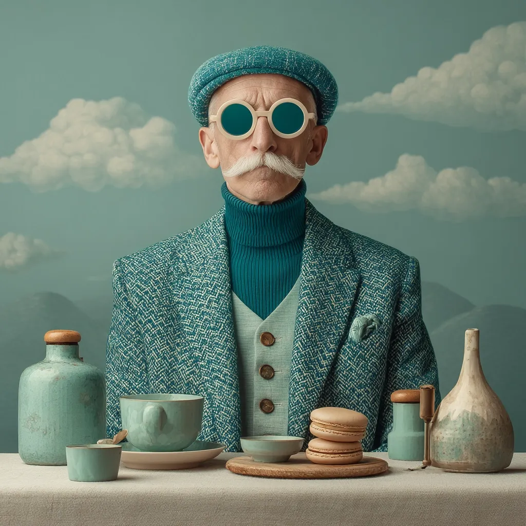 A stylish elderly gentleman with a teal beret and matching jacket sits at a table set with pastel-colored ceramics.  He wears round, teal sunglasses and a prominent mustache.  The background is a serene, light teal sky with fluffy white clouds, creating a surreal and whimsical atmosphere.  Macarons are arranged on a wooden plate, adding a touch of delicacy to the scene.