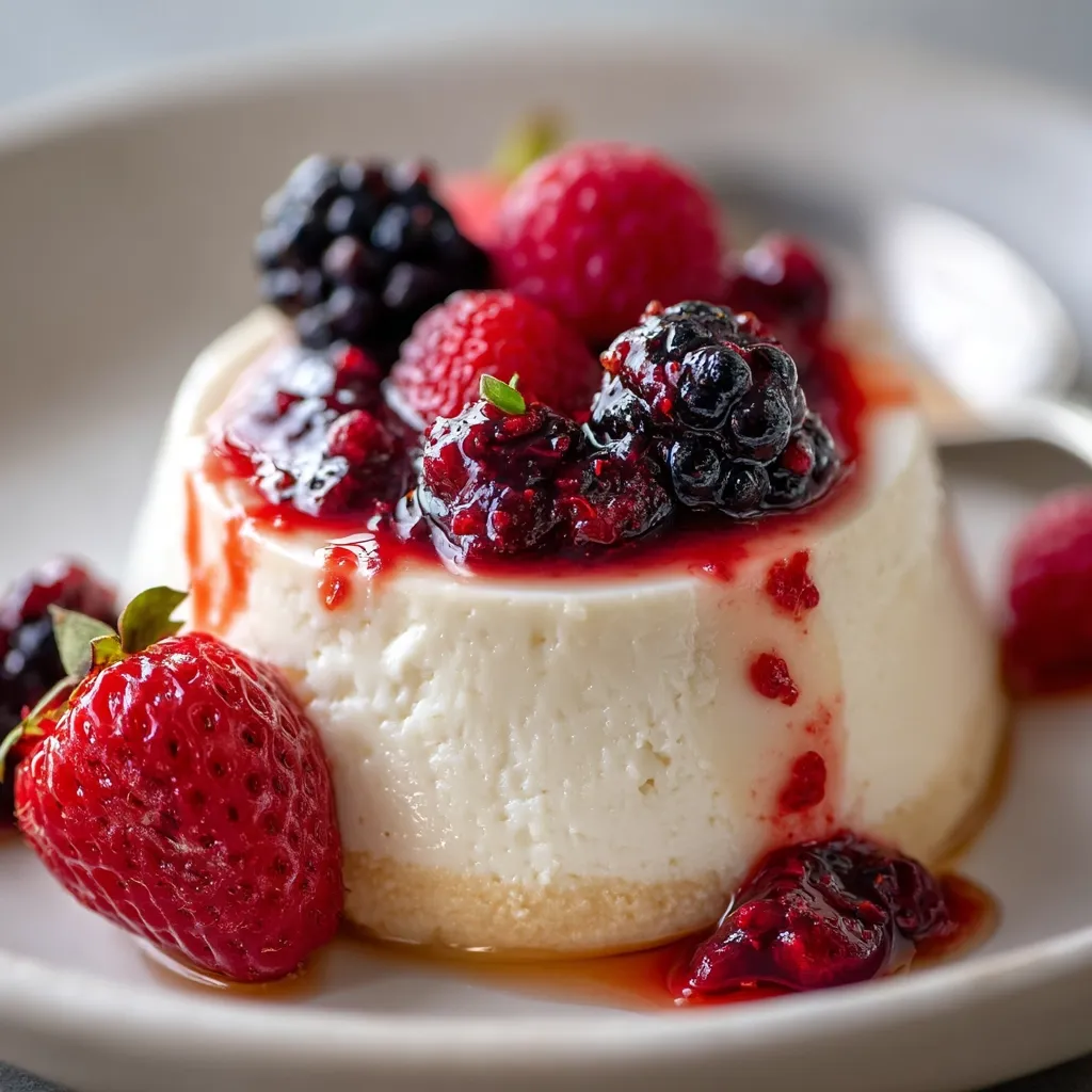 A creamy white cheesecake is elegantly topped with a vibrant mix of fresh berries and a glistening berry sauce.  The berries include plump raspberries, blackberries, and strawberries, creating a visually appealing and delicious dessert.  The sauce drizzles down the sides of the cheesecake, enhancing its rich color and texture.