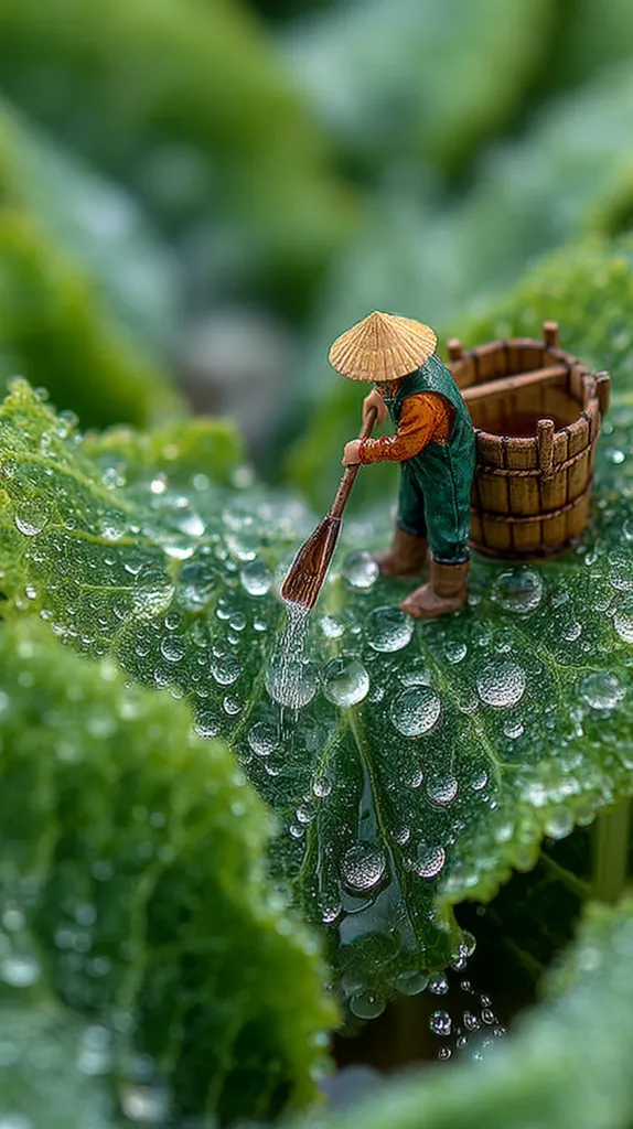 A miniature farmer, wearing a conical hat and green overalls, diligently waters a lush green leaf.  Water droplets cling to the leaf's surface, glistening in the light.  He uses a small wooden scoop to pour water from a miniature wooden bucket. The scene is a charming depiction of agricultural life, emphasized by the macro photography highlighting the dew-covered leaves.