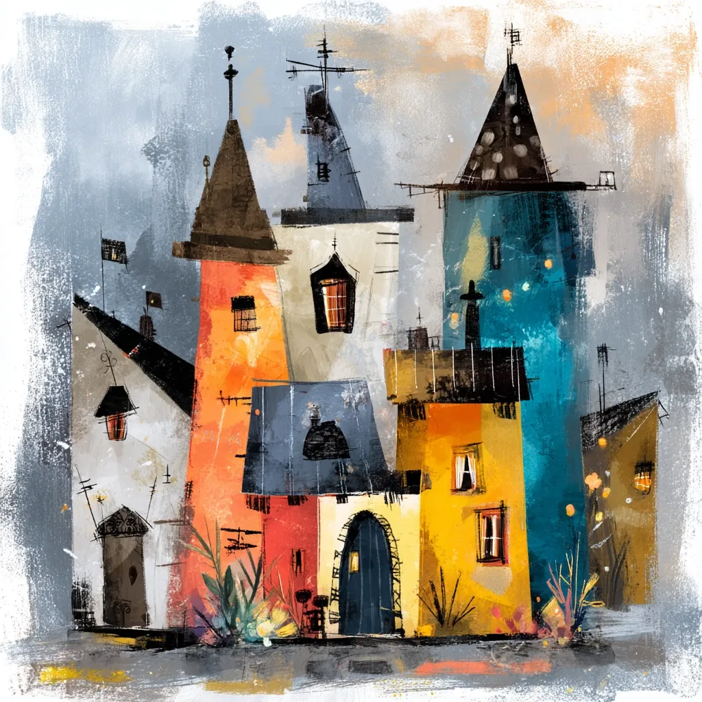 A whimsical illustration depicts a cluster of colorful, stylized houses.  The buildings are painted in vibrant hues of orange, yellow, blue, and gray, with varying rooflines and architectural details.  The style is loose and expressive, reminiscent of children's book illustrations or folk art. Small details, such as lanterns and plants, add to the charming and slightly fantastical atmosphere.  The overall impression is one of playful creativity and imaginative architecture.
