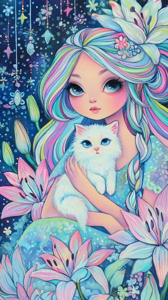 A whimsical illustration depicts a girl with pastel rainbow hair cradling a fluffy white cat.  She is adorned with lilies and surrounded by a dreamy, celestial backdrop sprinkled with stars and shimmering lights. The overall style is soft, dreamy, and evokes a sense of magic and fantasy. The girl's large eyes and gentle expression add to the enchanting atmosphere.