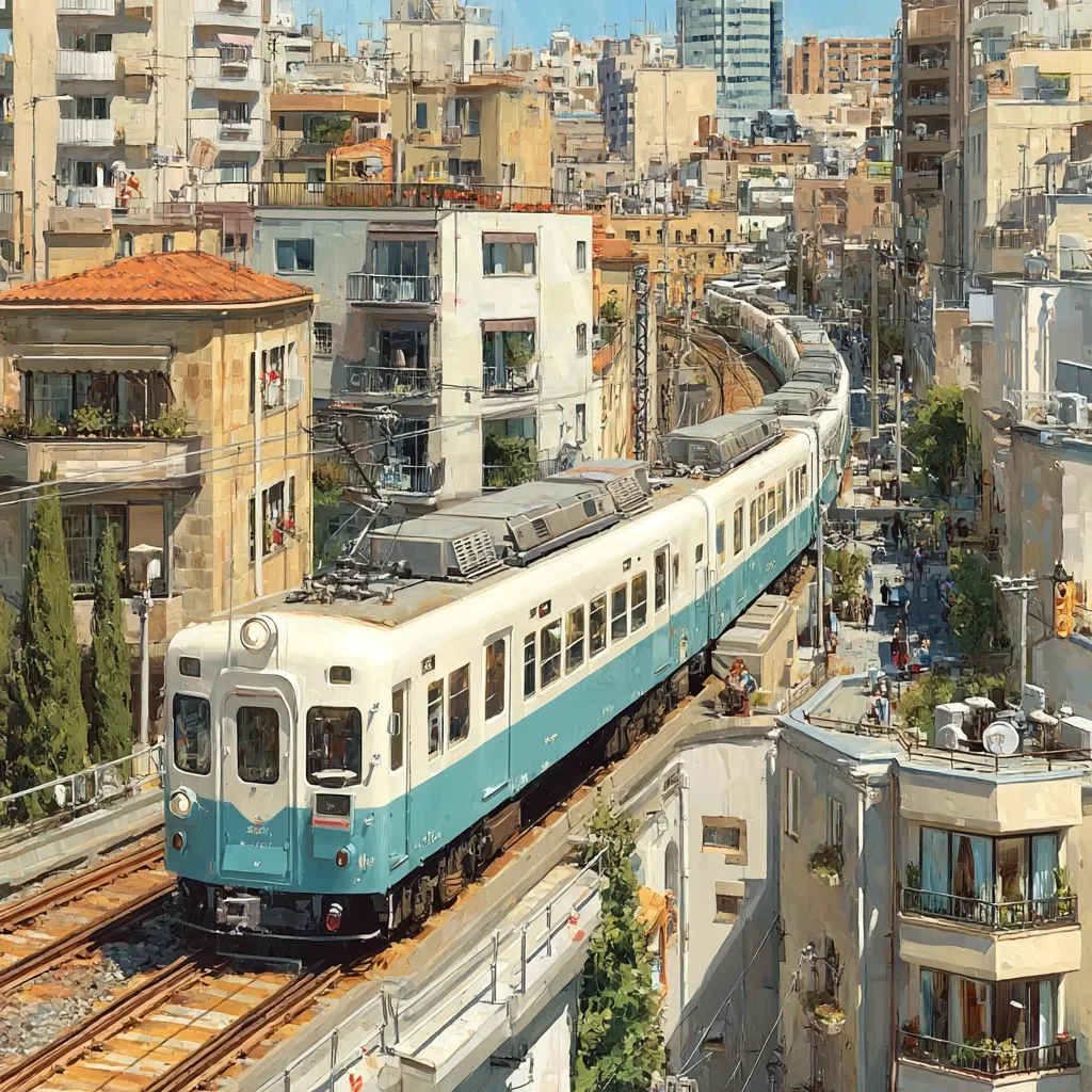 A teal and white passenger train travels along elevated tracks through a dense cityscape.  Buildings of varying heights and architectural styles line the streets below, creating a vibrant urban scene under a bright, sunny sky.  The train's journey winds through the heart of the city, showcasing the daily life and infrastructure of a bustling metropolis.  The style suggests an impressionistic or painterly digital artwork.